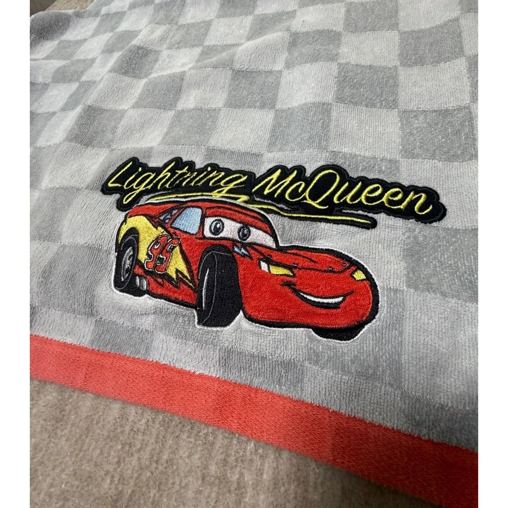 Disney Pixar Cars Lightning McQueen Towel Gray Checkered Embroidered Racing